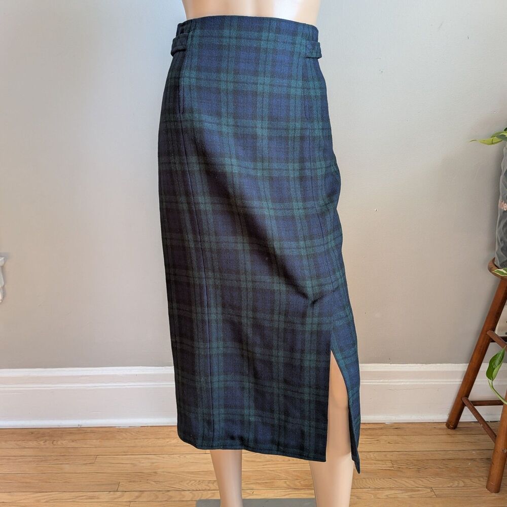 Talbots Green & Navy Plaid Midi Pencil Skirt with Side Slit